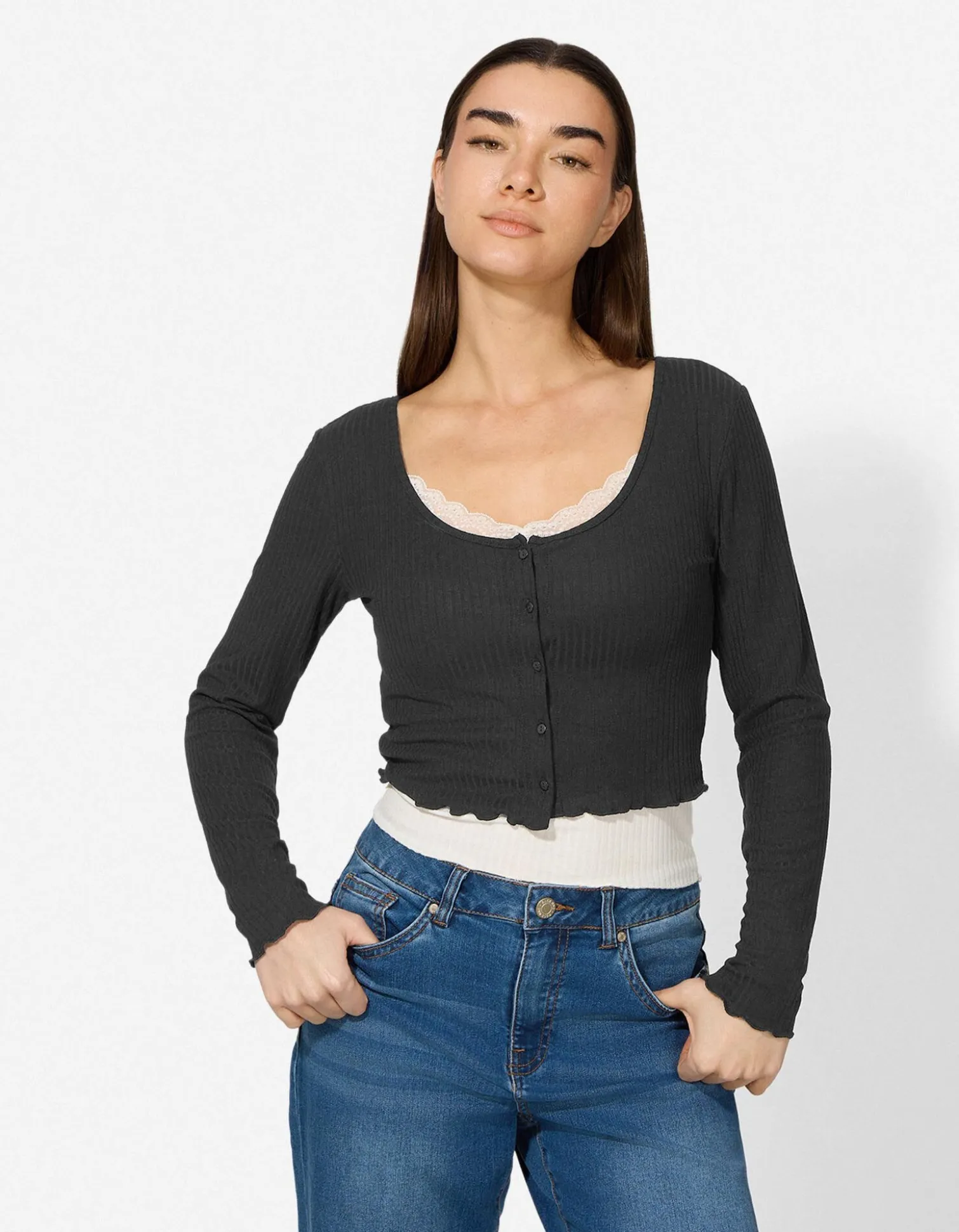 Langarmshirt - Double-Layer-Look - schwarz