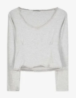 Langarmshirt - Spitzenbesatz - grau