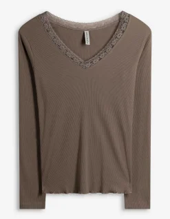 Langarmshirt - Spitzenbesatz - hellbraun