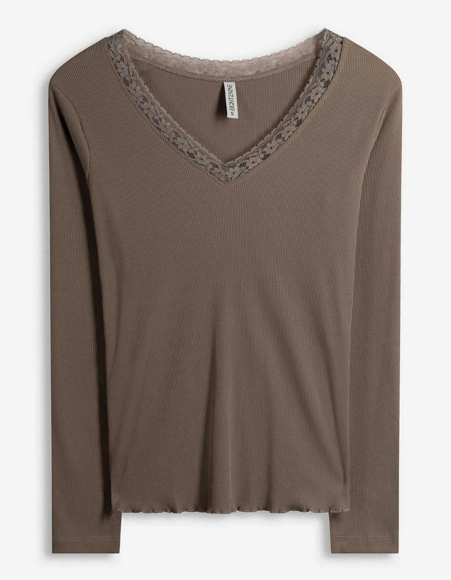 Langarmshirt - Spitzenbesatz - hellbraun