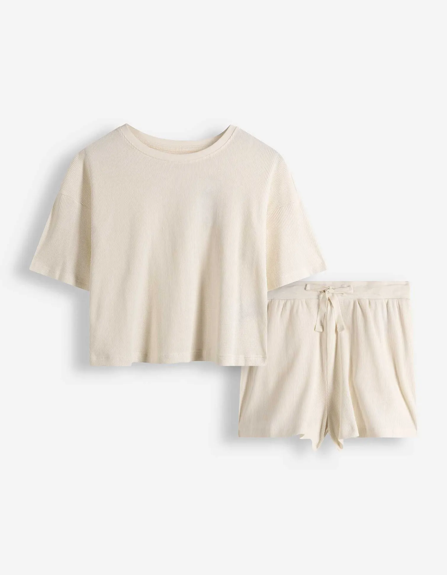 Pyjama Set aus Shirt und Shorts - Waffelstruktur - weiß
