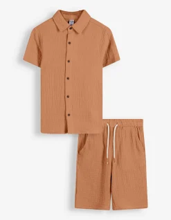 Set aus Hemd und Shorts - Musselin - hellbraun