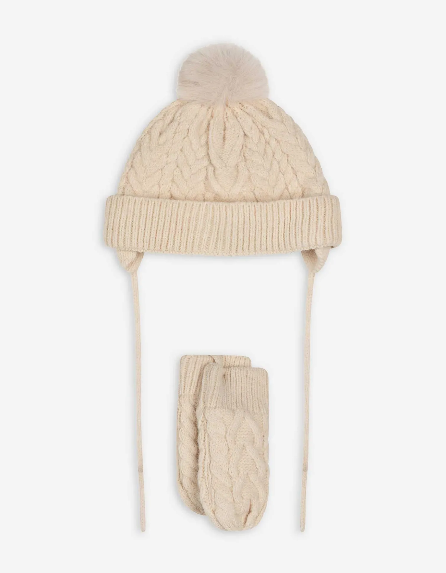 Set aus Mütze und Handschuhe - Zopfstrick - beige