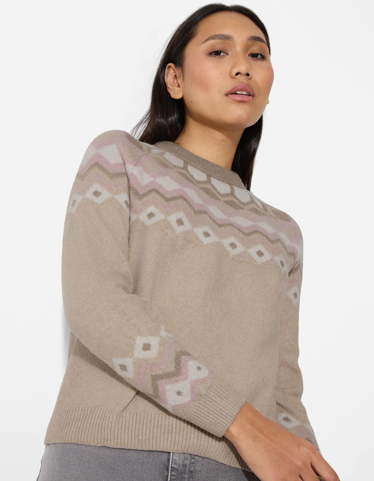 Strickpullover - Karomuster - beige
