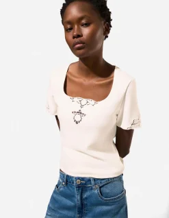 T-Shirt - Spitzenbesatz - weiß