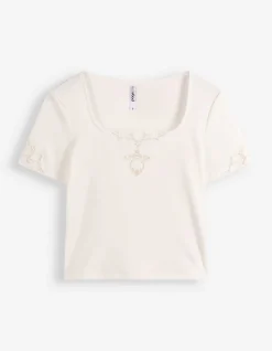 T-Shirt - Spitzenbesatz - weiß